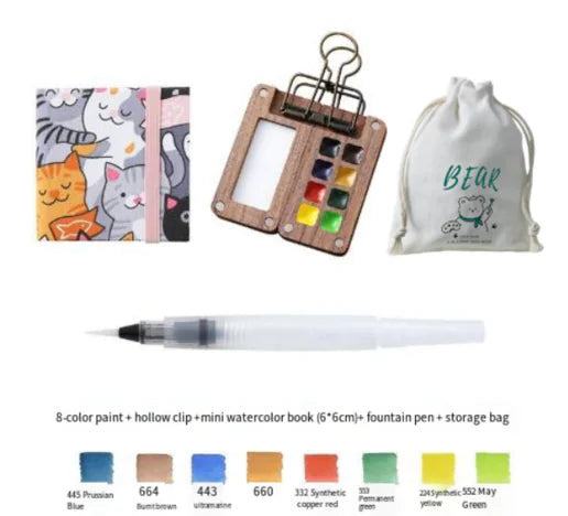 Portable Mini Walnut Watercolor Set with 8 Colors for Sketching & Journaling