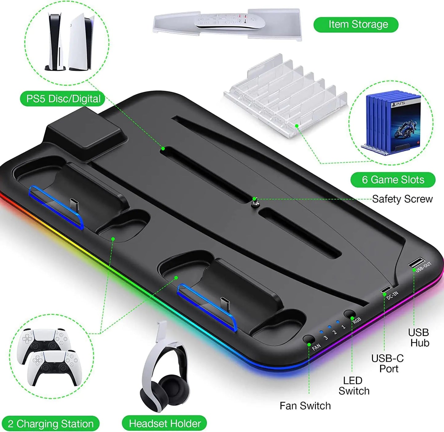 PS5 Charging Dock with RGB Light for Controllers and Headset