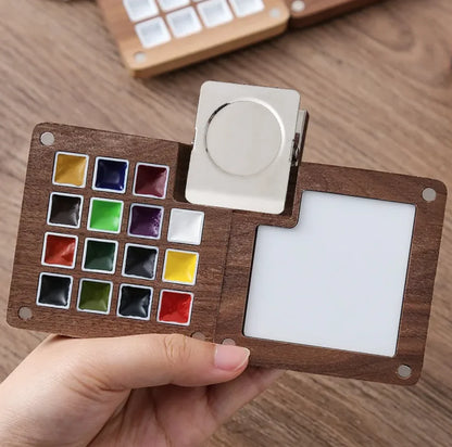 Portable Mini Walnut Watercolor Set with 8 Colors for Sketching & Journaling