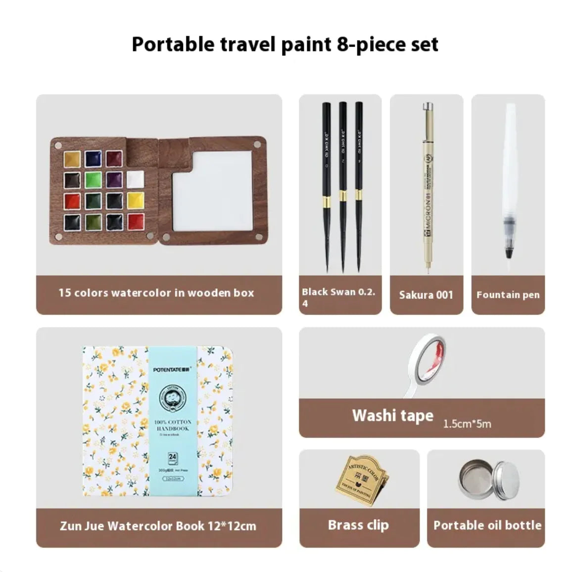 Portable Mini Walnut Watercolor Set with 8 Colors for Sketching & Journaling