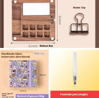 Portable Mini Walnut Watercolor Set with 8 Colors for Sketching & Journaling