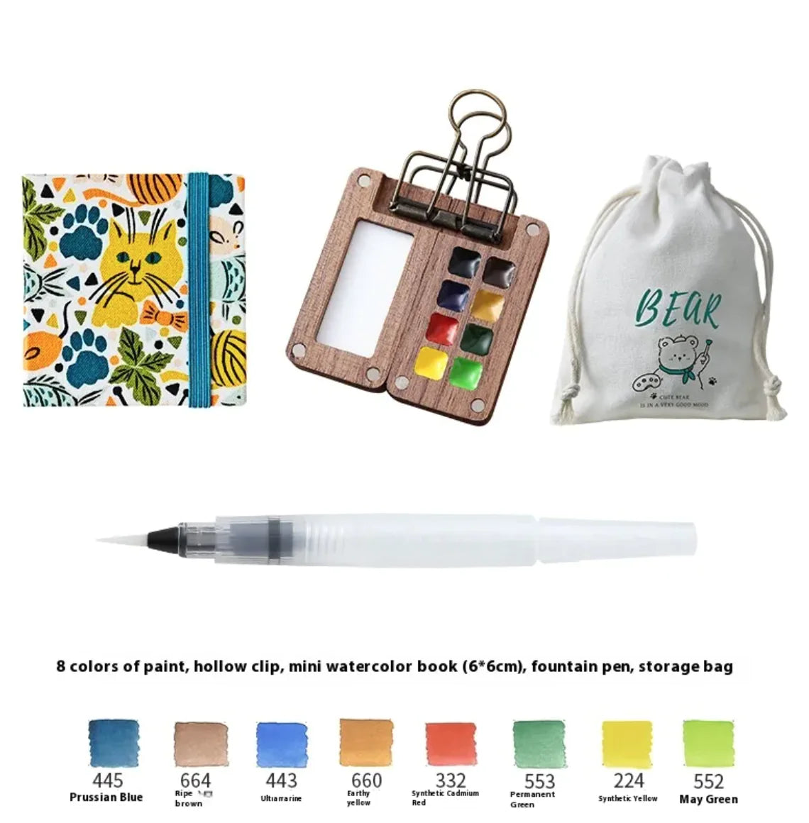 Portable Mini Walnut Watercolor Set with 8 Colors for Sketching & Journaling