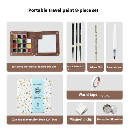 Portable Mini Walnut Watercolor Set with 8 Colors for Sketching & Journaling